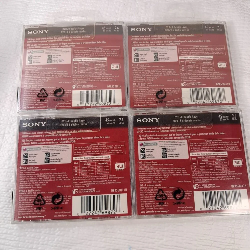 NEW Sony Handycam DVD+R DL blank DVDs SET 4‎ discs 2.6GB 45 HD/55 SD minutes